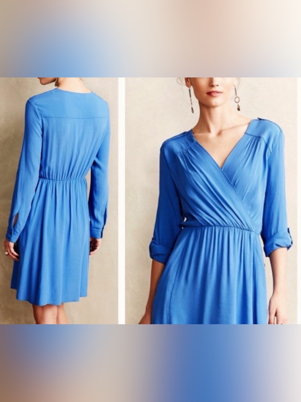 Anthropologie Bright Blue Wrap-Front Long Sleeve Dress
